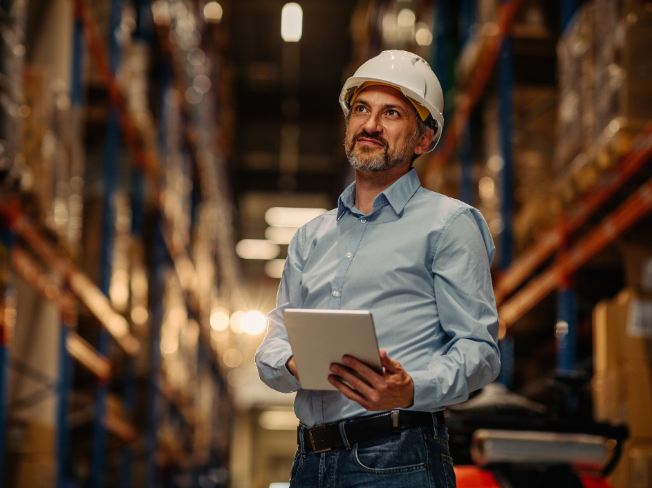 A Operations Management researcher in a hard hat holding a tablet in a warehouse.