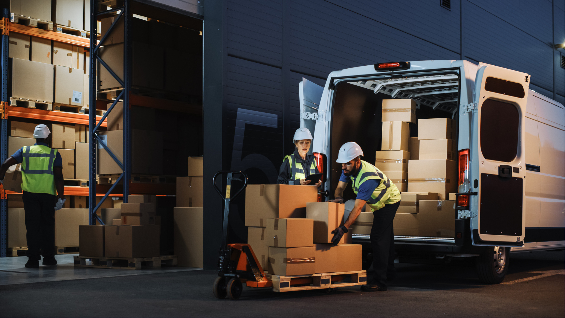 Various workers load boxes into a van outside a logistics warehouse.
