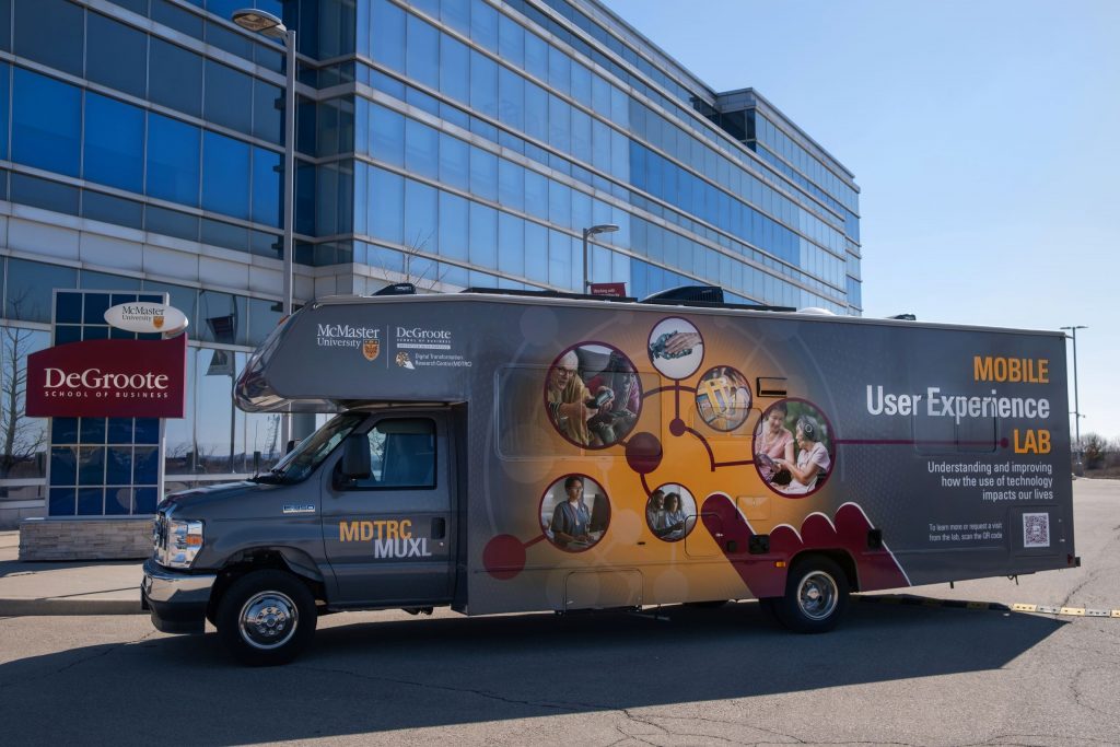 Mobile User Experience Lab truck parked outside the Ron Joyce Centre