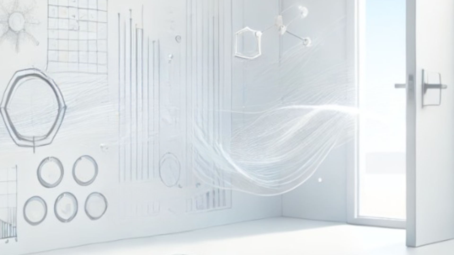 Fantastical white and grey image of an open door and various abstract and geometrical shapes